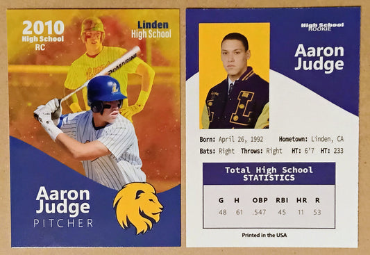 Baseball trading card of Aaron Judge from Linden High School with player information and statistics.