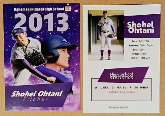 Baseball trading card of Shohei Ohtani from Hangaki Higashi High School featuring his high school statistics.