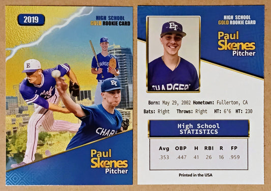 Baseball trading card featuring a pitcher with high school statistics on a blue and yellow background