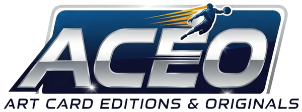 blue and white logo that says "ACEO Art Card Editions and Originals" with a basketball player soaring through the air with yellow streaks coming from behind him.